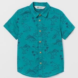 H&M teal dinosaur short sleeve cotton button down